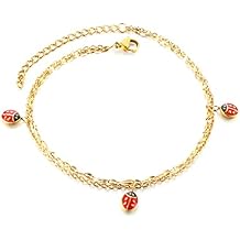 Anklet Bracelets for Women Stainless Steel, Gold Anklets Bracelet for Womens Double Layer Chain with Flower/Ladybug/Dragonfly Anklet for Summer Beach