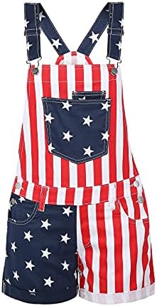 FULA-bao 4th of July American Flag Overalls Bib Denim Shorts Jean Romper Casual Summer Adjustable Strap Jumpsuit for Women