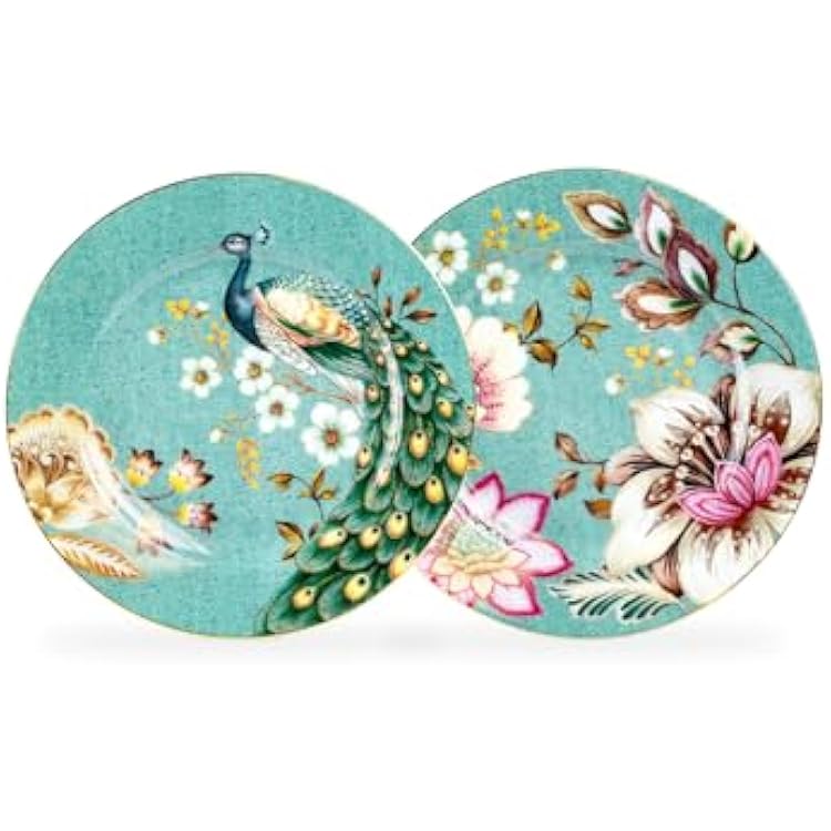 Grace Teaware Peacock Lotus Garden Fine Porcelain 7.5-inch Dessert Salad Plate Set of 2, Two Assorted Design Plates Green