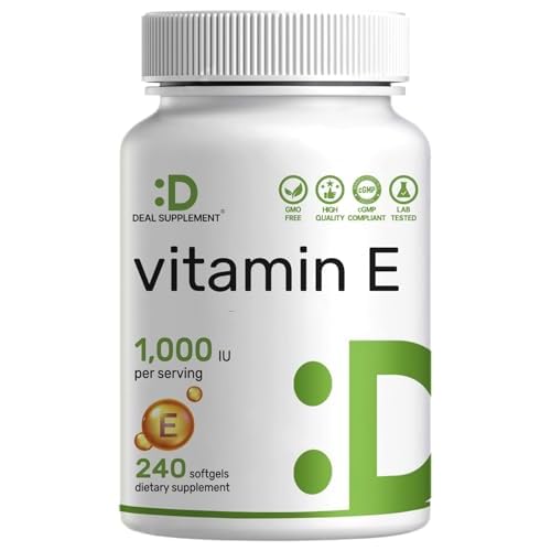 Vitamin E Supplements, 1,000 IU Per Serving, 240 Softgels Extra Strength Antioxidant Protection Bioavailable Stable Form Skin, Heart, Brain, Immune Support Non-GMO