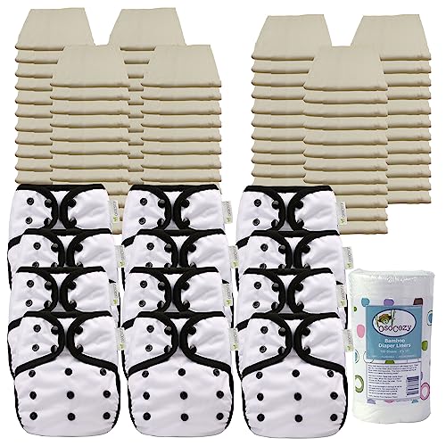OsoCozy Prefold Cloth Diaper Package - 7 Dozen Unbleached Prefolds & 12 One Size Diaper Covers. All The Cloth Nappies and Diaper Covers Needed from 7 to 30 lbs.