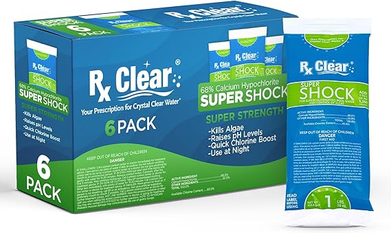 Rx Clear Super Shock for Swimming Pools | 68% Calcium Hypochlorite Shock | Chlorinator and Algaecide | Kill Pool Algae for a Crystal Clear Pool | One Pound Bags | 6 Pack