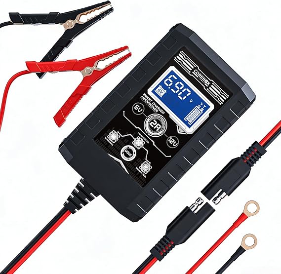 COREBOX Battery Charger 2-Amp 6V/12V Smart Trickle Charger for Car - Battery Maintainer Trickle Charger, and Automotive Battery Charger with Temperature Compensation for Car Truck Motorcycle