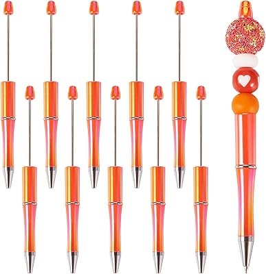 10Pcs Beadable Pens Holographic Iridescent Ball-Point Pens DIY Plastic Beaded Pens Colorful UV Shaft Black Ink Ballpoint Pens for DIY Decorations Supplies Office School - Orange