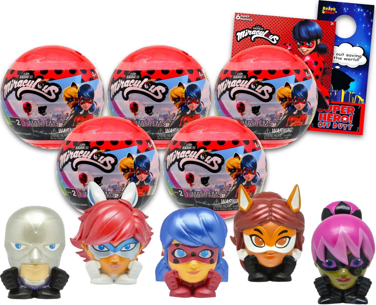 Miraculous Ladybug Blind Ball Party Favors - Bundle with 5 Miraculous Ladybug Mash'Ems Blind Ball Mini Figures Mystery Toys Plus Stickers, More | Miraculous Ladybug Figurines for Kids, Boys, Girls