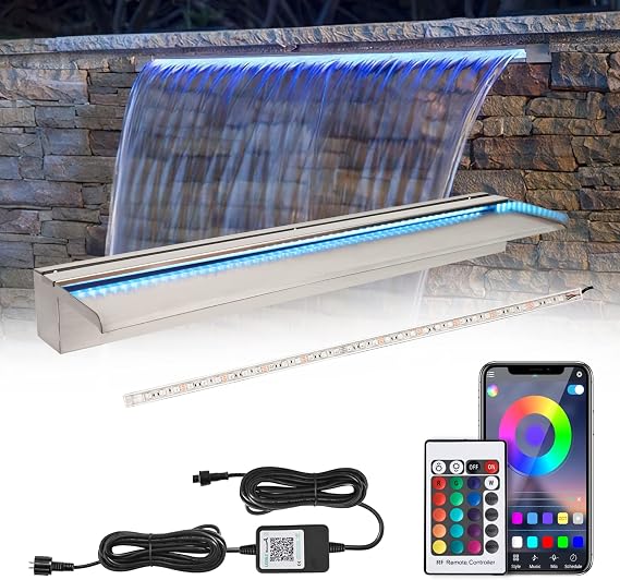 36'' APP Control Pool Waterfall with RGB LED Lights, Stainless Steel Pond Fountain Set for Outdoor Decorations, Patio Waterfall Spillway Kit w/16 Color Changing, Easy Install