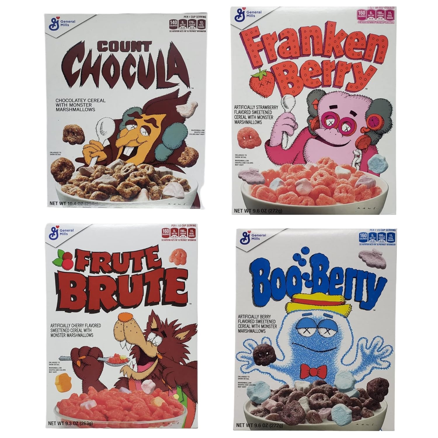 General Mills Monster Cereal Halloween Breakfast Variety Pack of 4 Boxes - Count Chocula 10.4 oz, Frute Brute 9.3 oz Boo Berry 9.6 and Franken 38.9 oz Total, Multi, Piece Set